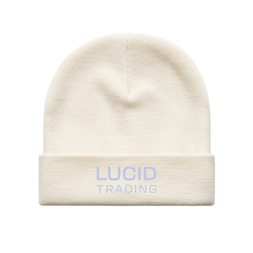 Beige beanie with 'Lucid Trading' logo on a white background